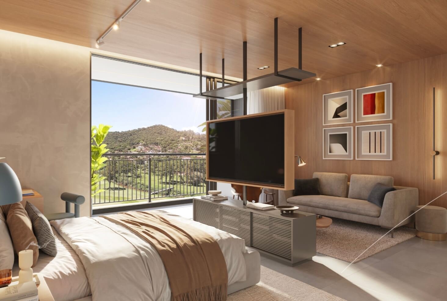 Loft decorado no Golf Club Resort Teresópolis com varanda e vista para a serra