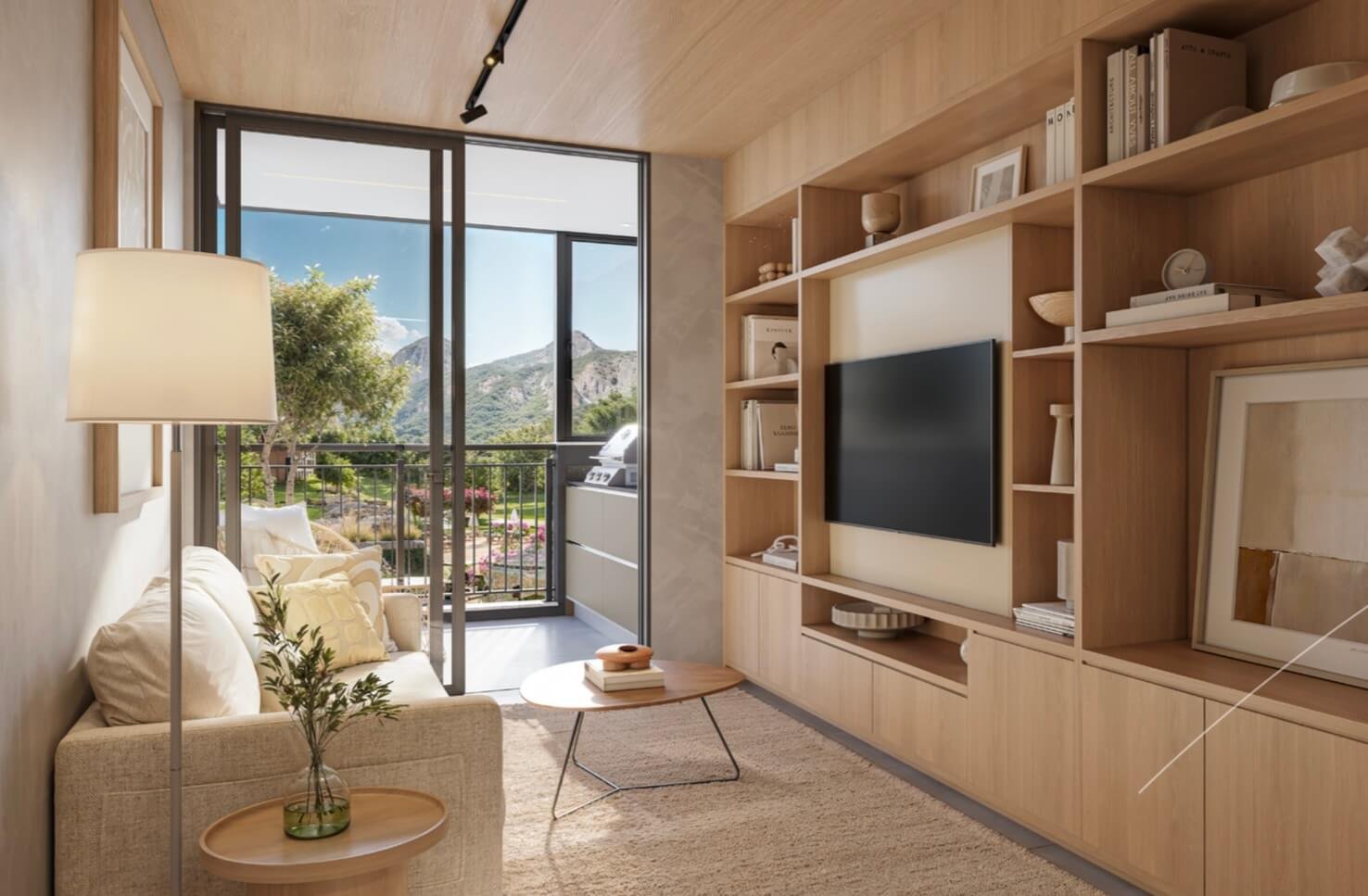 Sala de apartamento no Golf Club Resort Teresópolis com varanda e vista para a serra